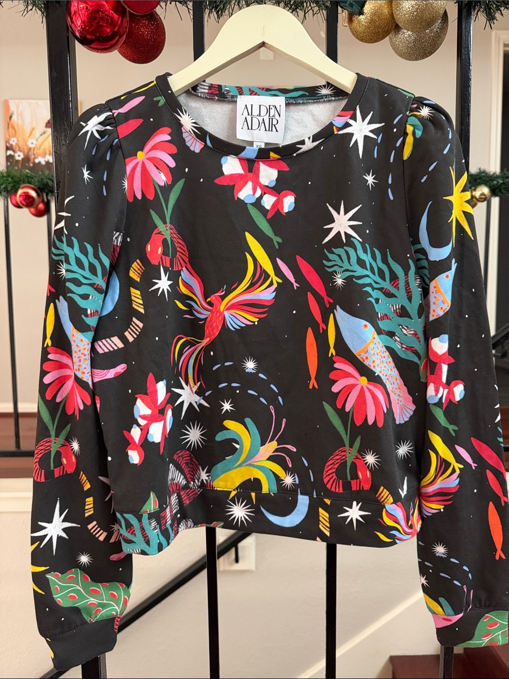 Alden Adair Black Multicolor Botanical & Bird Print Long-Sleeve Blouse